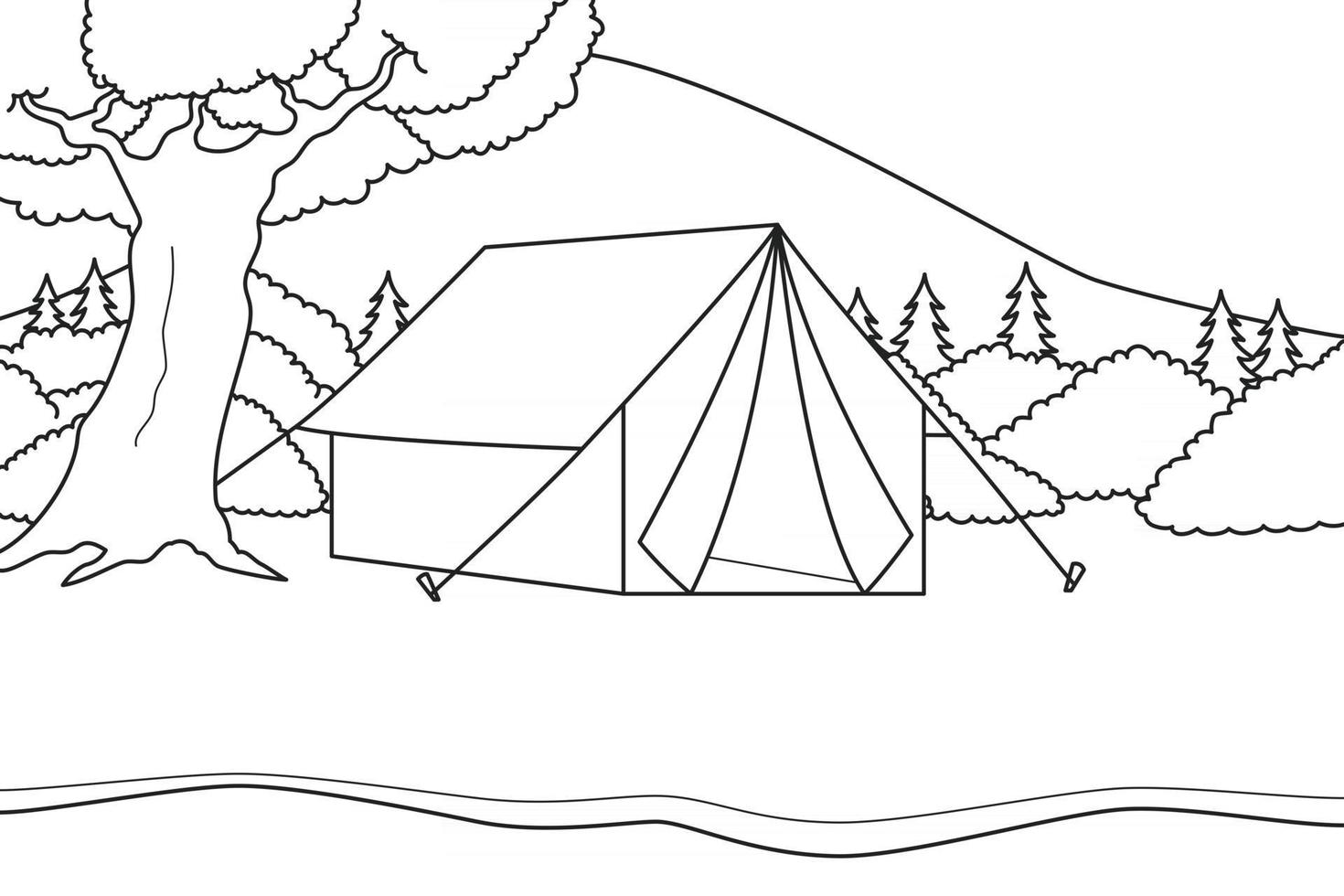 camping sur une tente au bord de la rivière avec vue sur la montagne, les buissons et les arbres. fond noir et blanc. illustration de livre de coloriage. vecteur