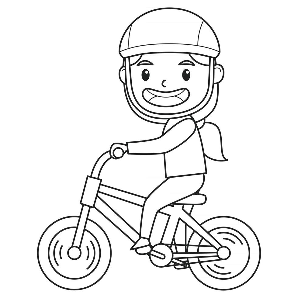 une fille jouant sur son vélo. personnage. fond noir et blanc. illustration de livre de coloriage. vecteur