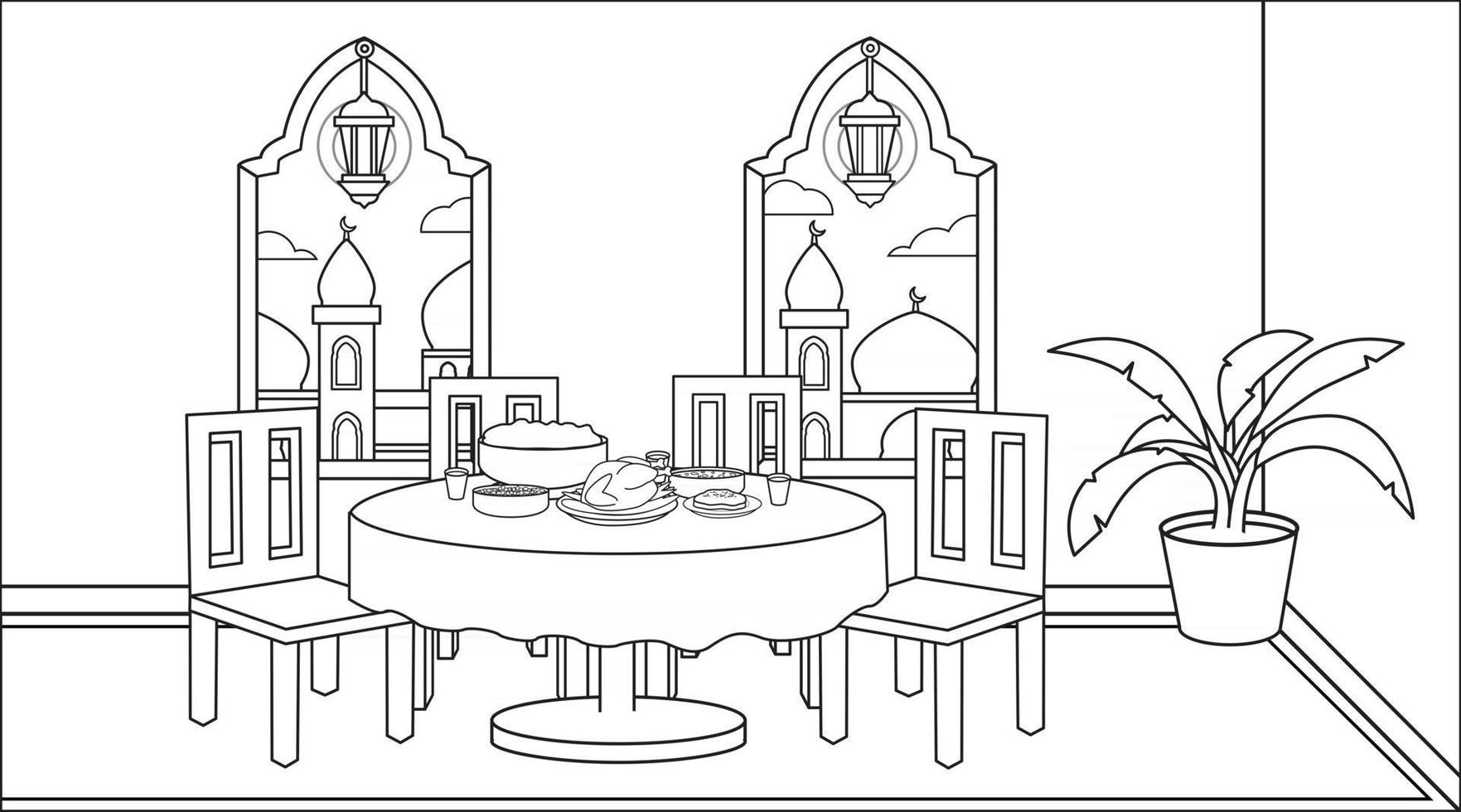 fond de famille musulmane religieuse dans la salle à manger pendant la fête de l'iftar et beaucoup de nourriture. lanterne musulmane du ramadan avec des plantes décoratives. illustration musulmane de fond. vecteur