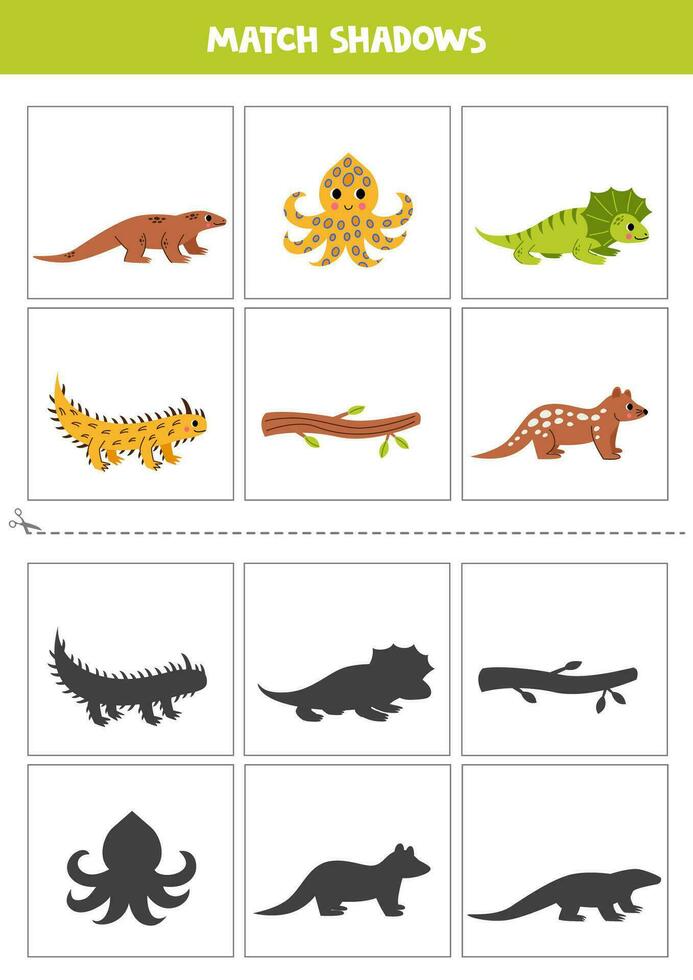 trouver ombres de mignonne australien animaux. cartes pour enfants. vecteur
