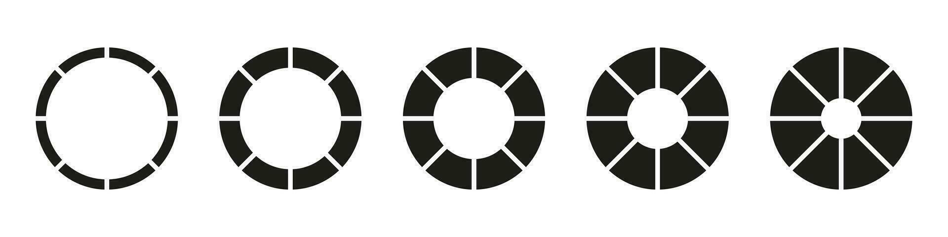 roues rond divisé dans Douze sections. Donut graphiques ou tartes segmenté sur 8 égal les pièces. géométrique élément. diagrammes infographie ensemble. cercle section graphique. tarte graphique Icônes. vecteur illustration.