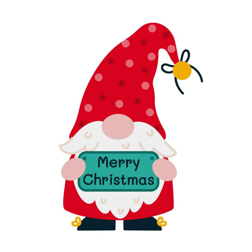 mignonne vacances gnome vecteur illustration. une barbu elfe est en portant une signe avec une souhait pour joyeux Noël. Père Noël claus assistant dans une polka point rouge stockage casquette avec une cloche. plat dessin animé clipart pour impression