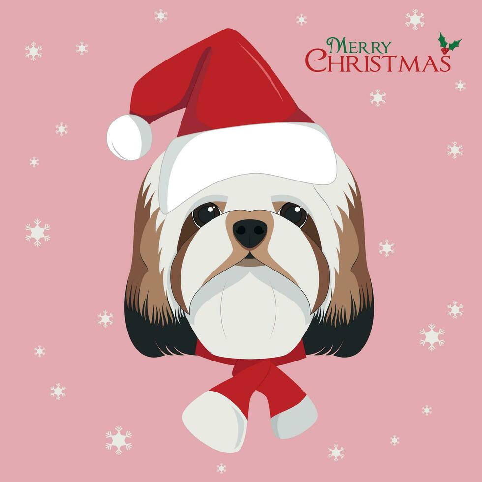 Noël salutation carte. shitzu chien avec rouge Père Noël chapeau vecteur
