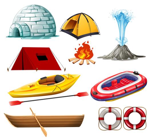 Différents objets pour le camping et la randonnée vecteur