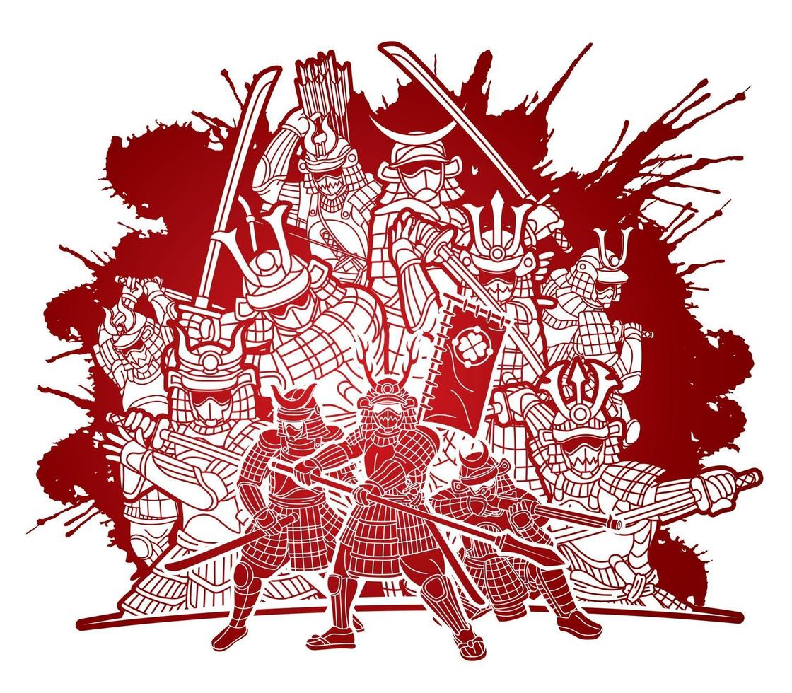 groupe de guerrier samouraï avec des armes d'action graffiti vecteur