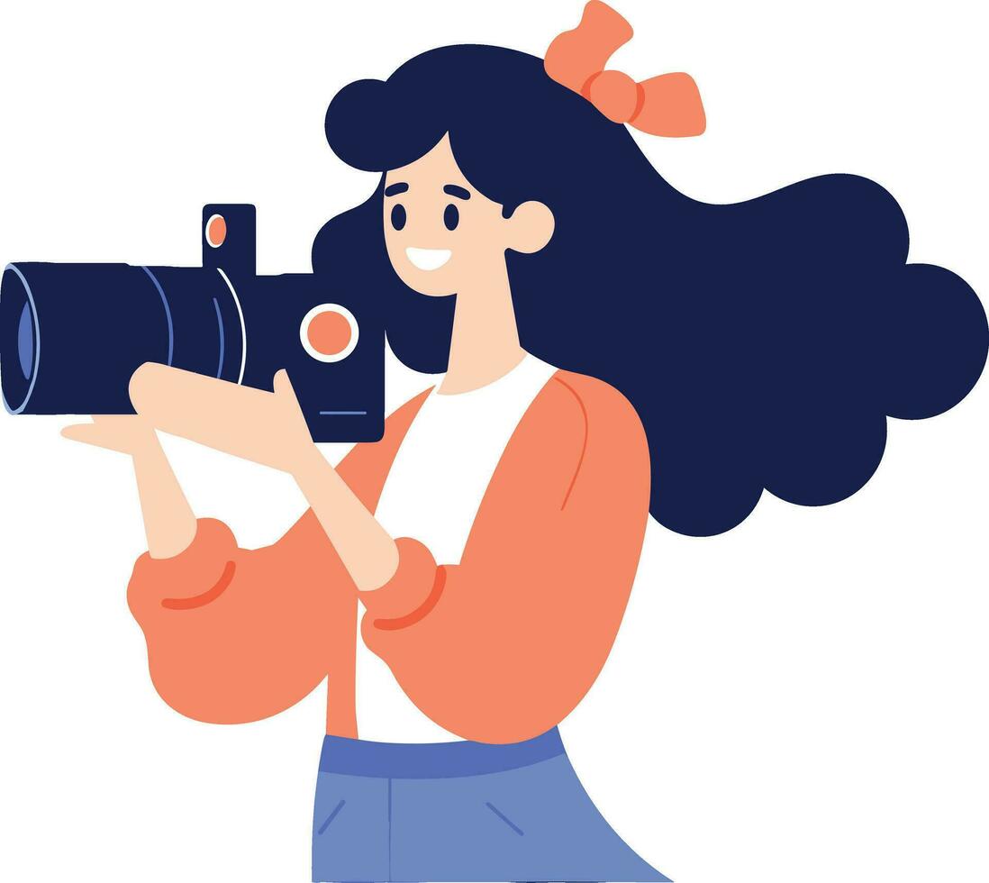 main tiré femelle personnage prise des photos avec caméra dans plat style vecteur