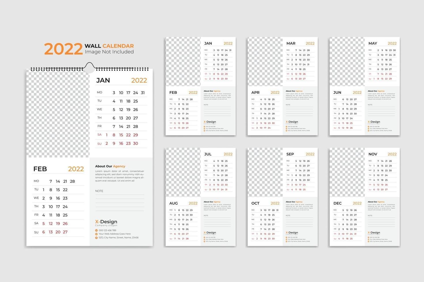 Modèle de calendrier mural 2022, calendrier des événements, calendrier de bureau vecteur