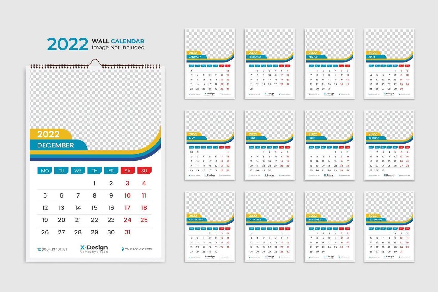 Modèle de calendrier mural 2022, calendrier de bureau, calendrier des événements, calendrier de bureau vecteur