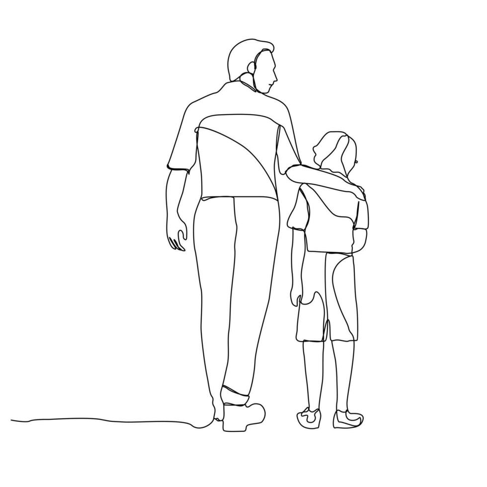 Célibataire ligne dessin de père et le sien les enfants en portant mains en dehors ligne vecteur art illustration