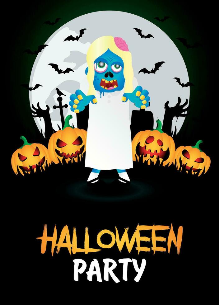 Halloween fête bannière. affiche avec zombi Jeune fille dans le cimetière et marrant citrouilles vecteur