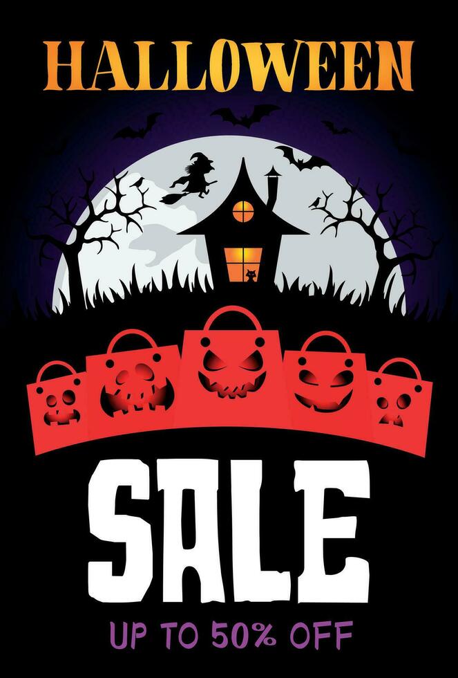 Halloween vente bannière conception avec 50 de rabais. modèles de affiche avec sorcière maison. Halloween salutation carte effrayant marrant paquets vecteur