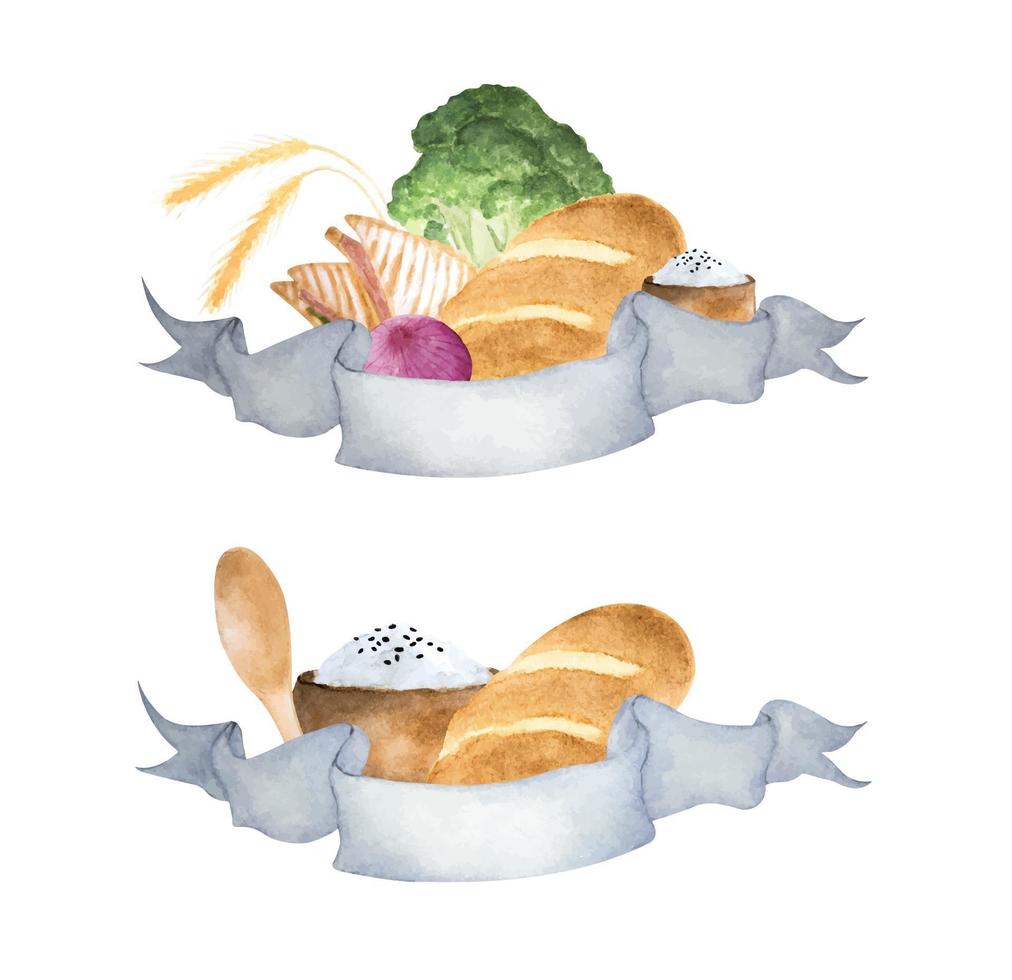 illustrations à l'aquarelle de riz, de pain et de légumes. vecteur
