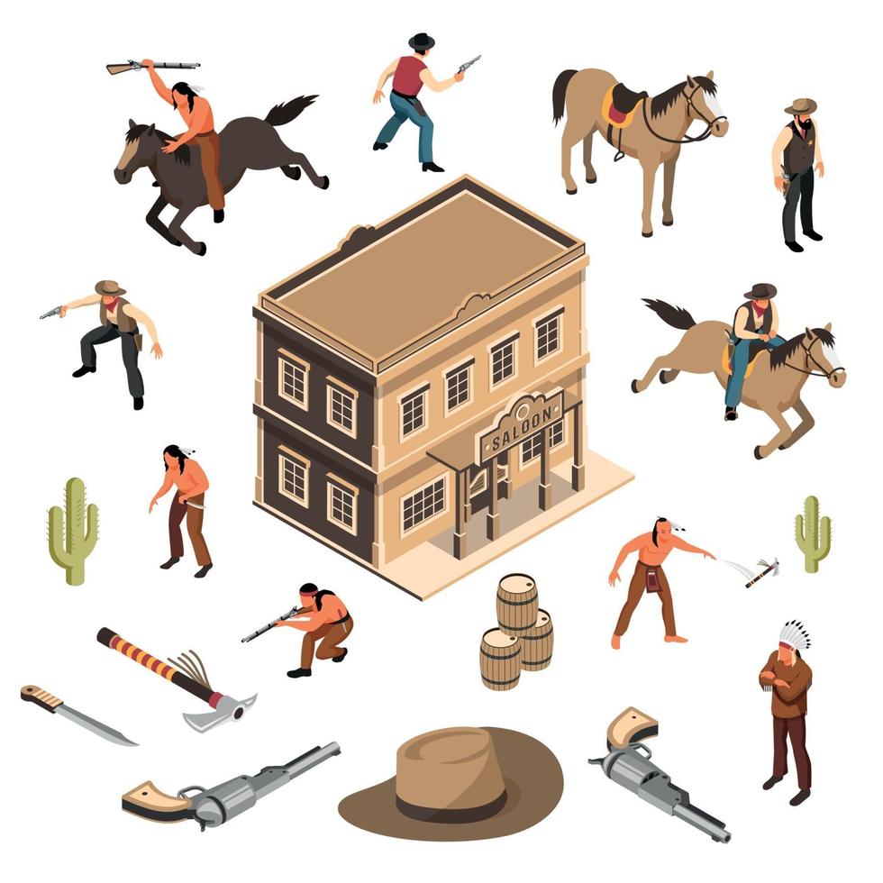 cowboys du Far west set isométrique vector illustration