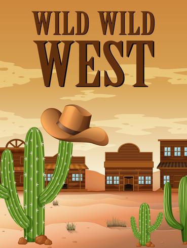 Affiche de Far west avec des bâtiments dans le désert vecteur