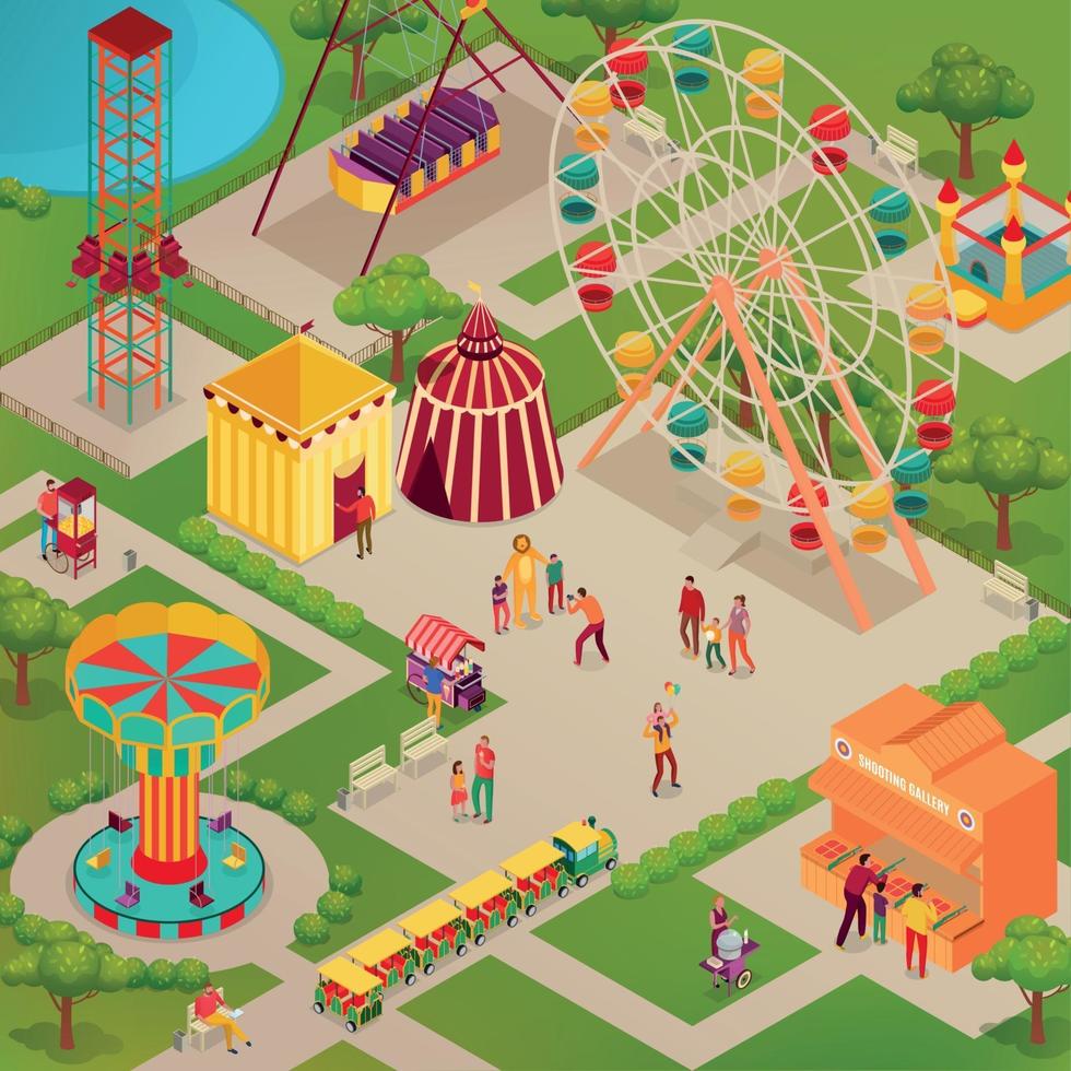 Parc d'attractions du cirque illustration isométrique vector illustration