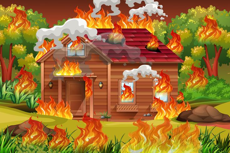 Maison en bois en feu vecteur