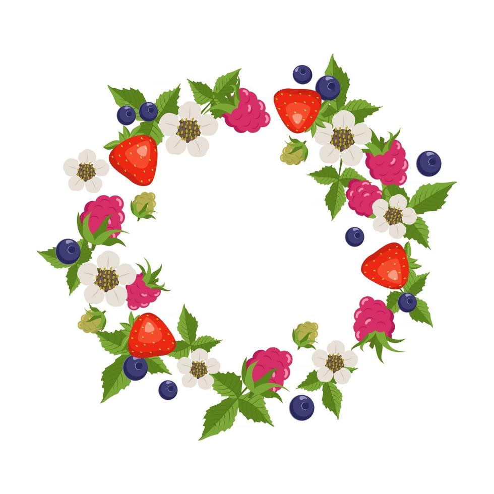 cadre avec framboises, fraises, myrtilles, feuilles et fleurs sur fond blanc. couronne ronde avec des baies. motif d'été fruité lumineux vecteur