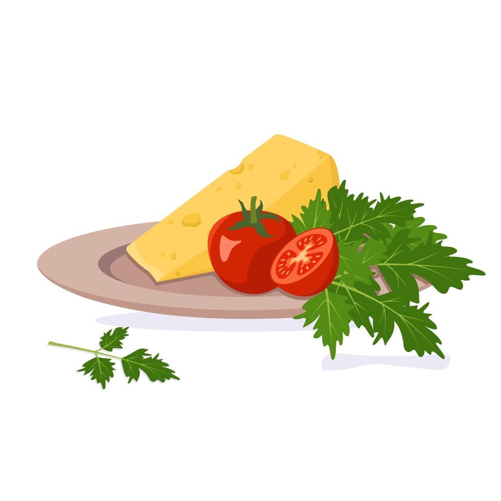 une assiette avec du fromage, des tomates et des herbes. nourriture biologique saine vecteur