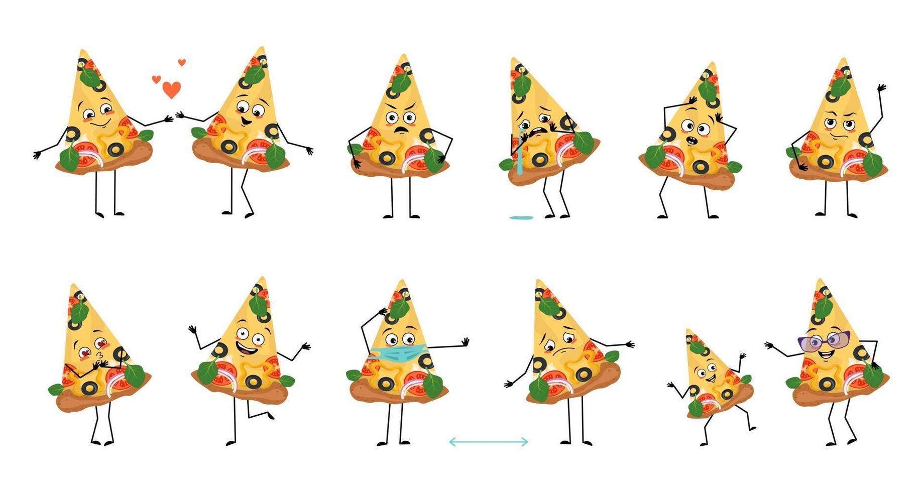 ensemble de personnages de pizza mignons avec émotions, visage, bras et jambes vecteur
