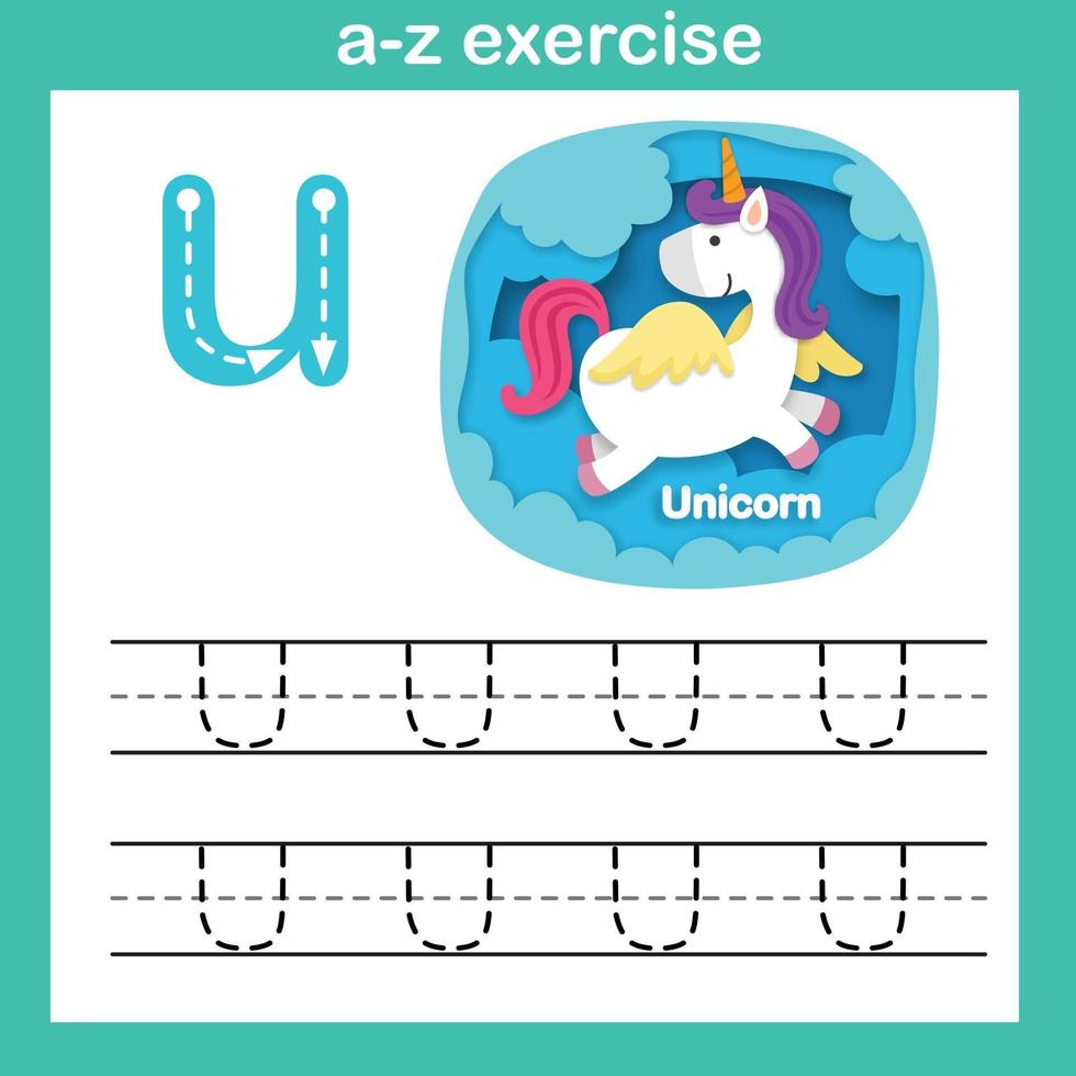 Lettre alphabet u-licorne exercice,papier découpé concept vector illustration