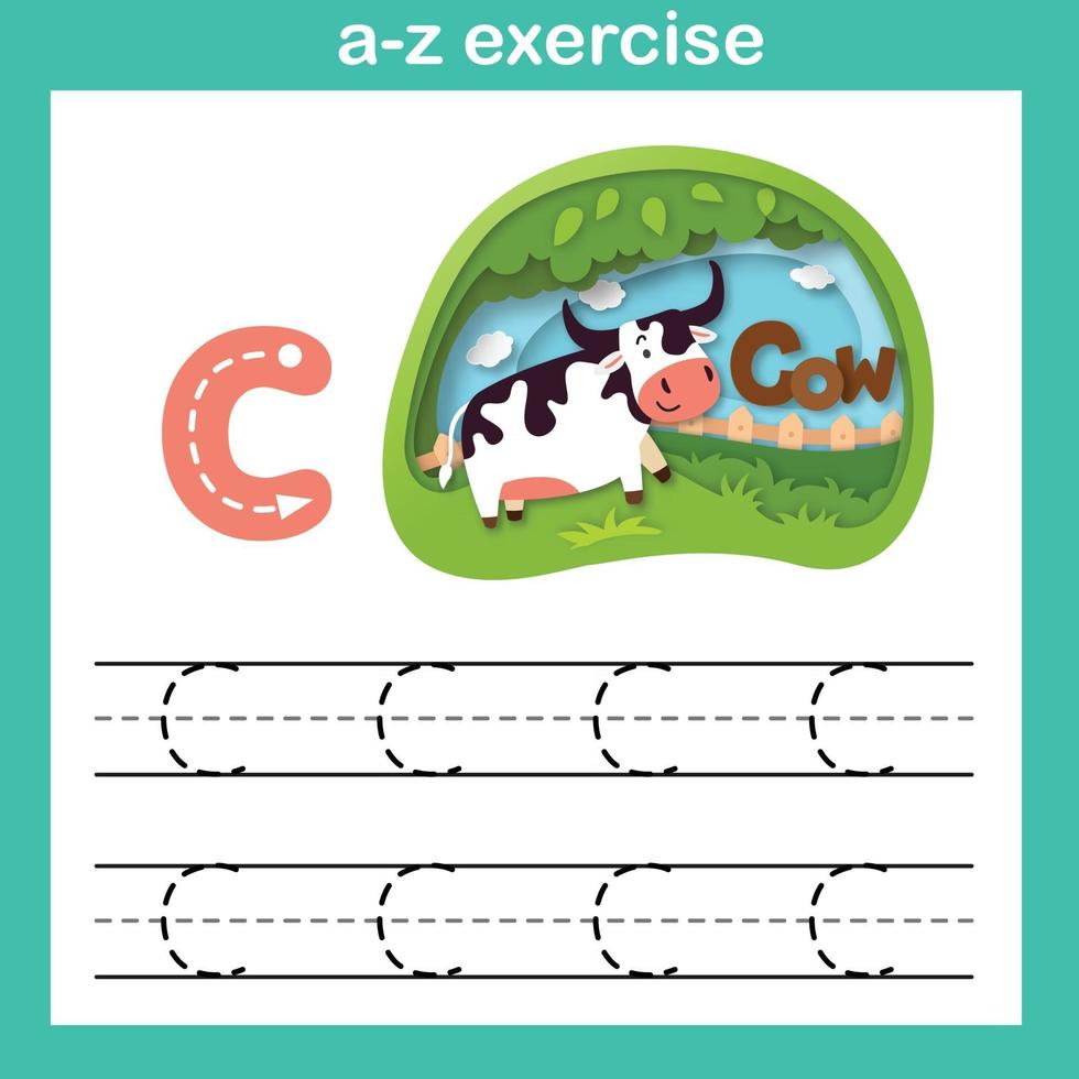 Lettre de l'alphabet c-vache exercice,papier découpé concept vector illustration