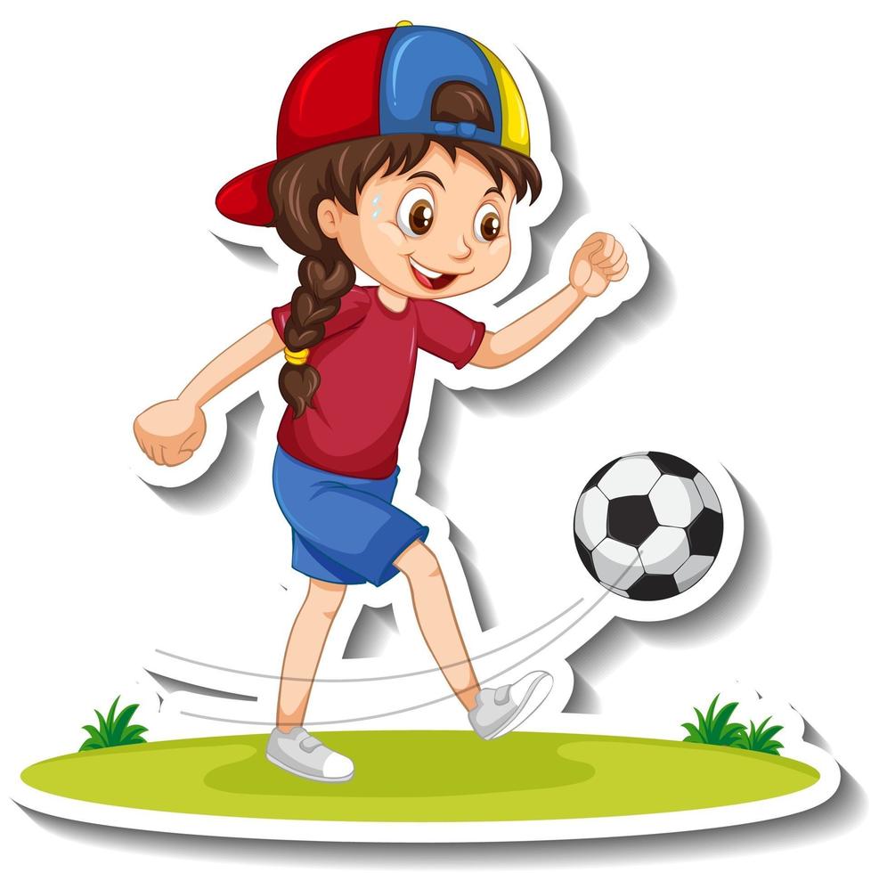autocollant de personnage de dessin animé avec une fille jouant au football vecteur