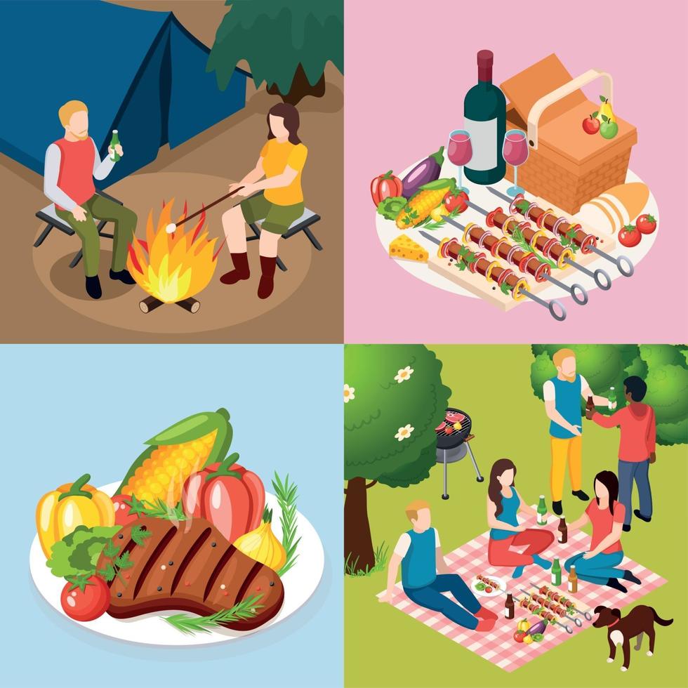 barbecue grill pique-nique isométrique icon set vector illustration