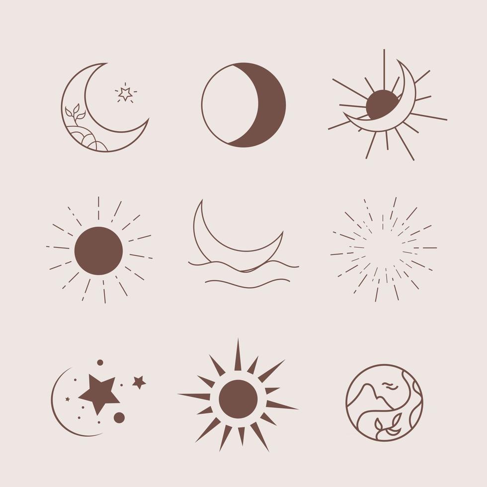 soleil lune boho clipart logo art, décor spirituel ésotérique du zodiaque céleste, clipart halloween vecteur
