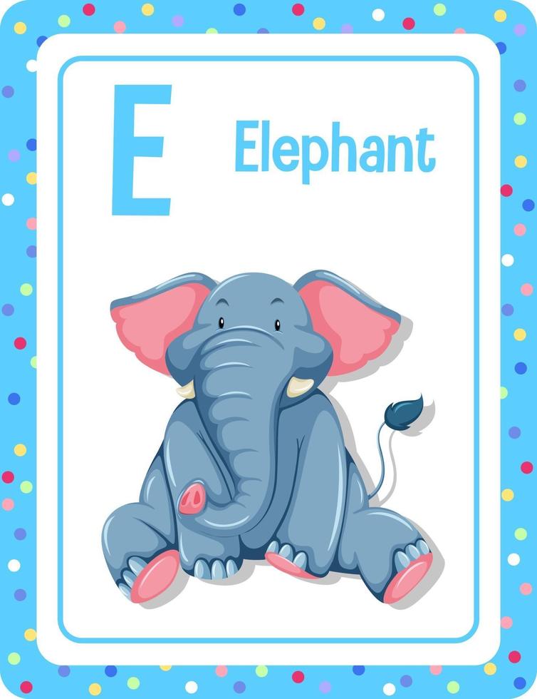flashcard de l'alphabet avec la lettre e pour l'éléphant vecteur
