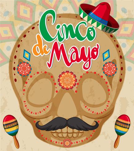 Modèle de carte Cinco de Mayo avec crâne humain vecteur