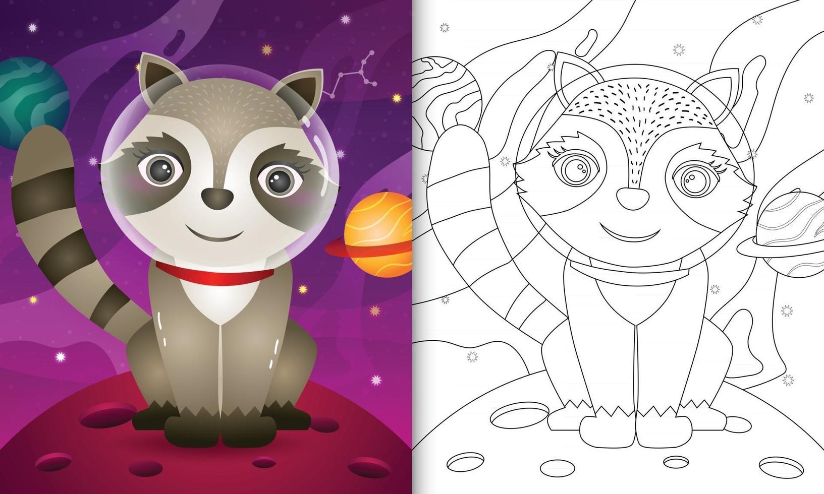 livre de coloriage pour les enfants avec un joli raton laveur dans la galaxie de l'espace vecteur