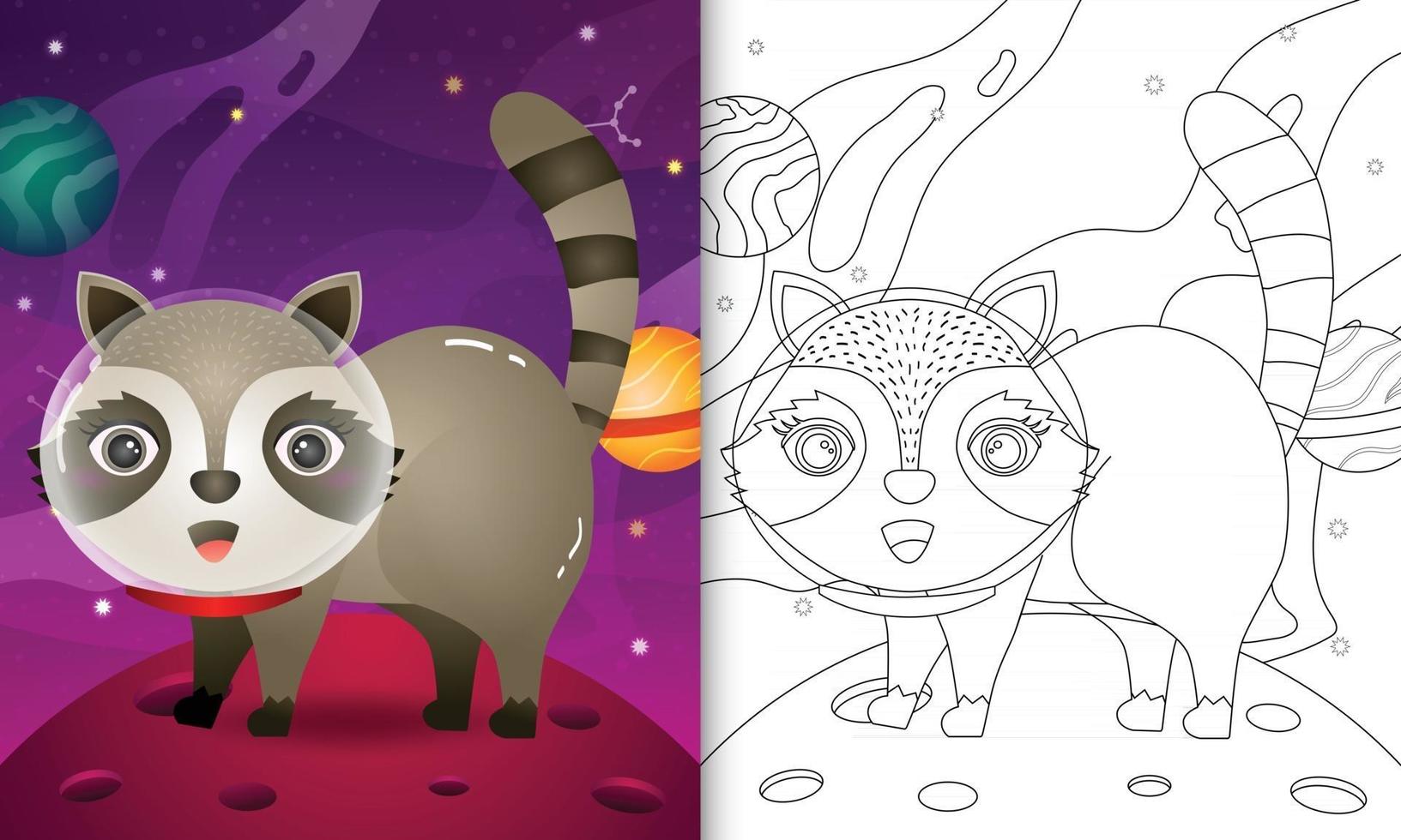 livre de coloriage pour les enfants avec un joli raton laveur dans la galaxie de l'espace vecteur