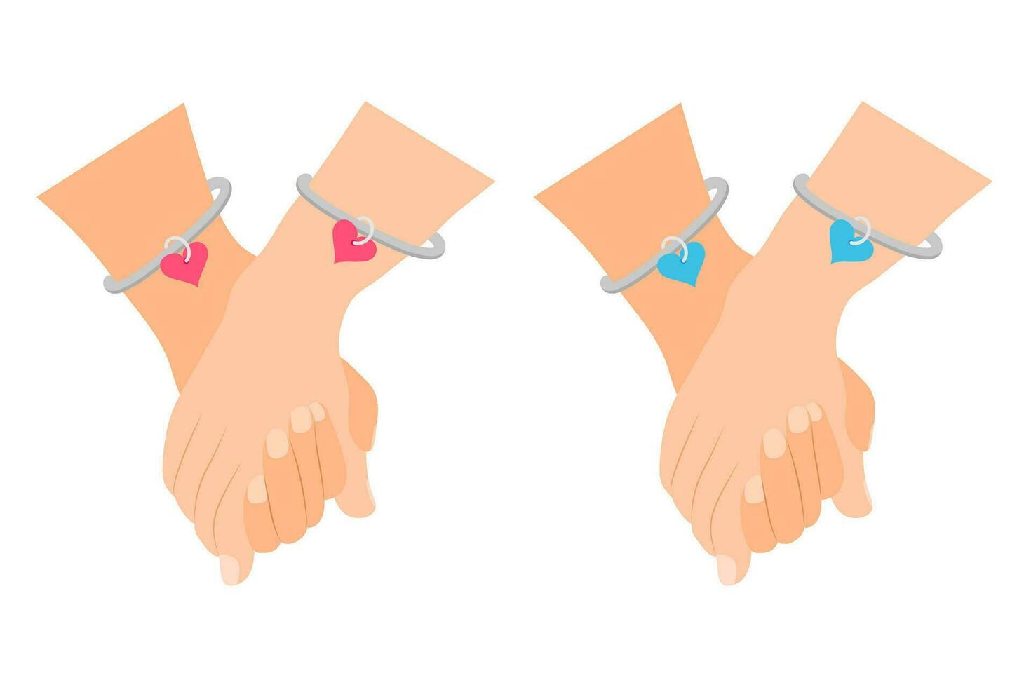 mains. une couple dans l'amour détient mains. sur sa mains sont argent bracelets avec cœurs. vecteur