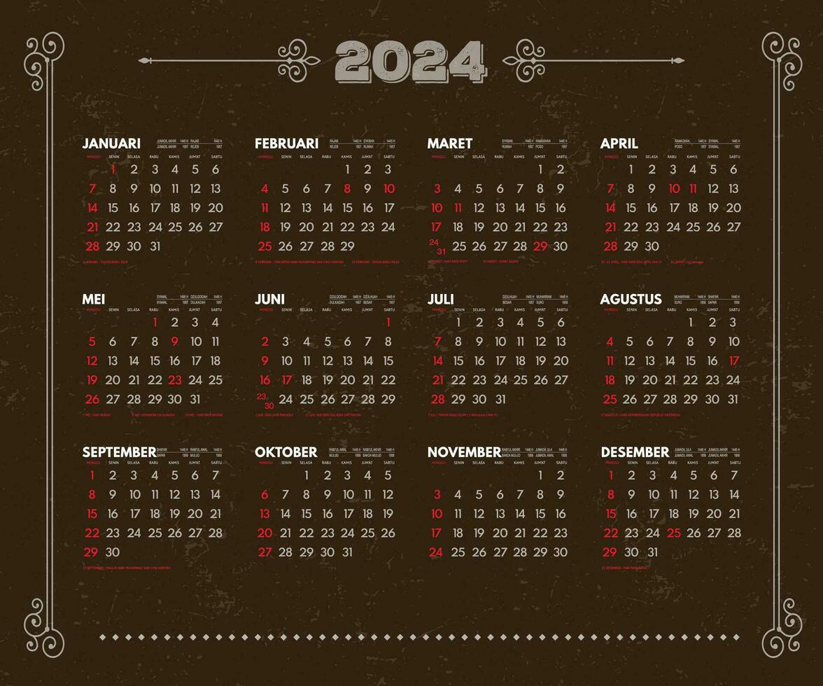 2024 calendrier modèle, 2024 indonésien calendrier Achevée avec nationale vacances, adapté pour bureau calendrier conceptions, mur calendriers, etc vecteur