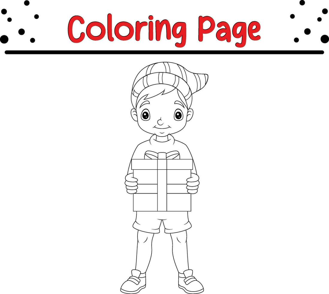 content Noël enfant avec cadeau coloration page pour les enfants. vecteur