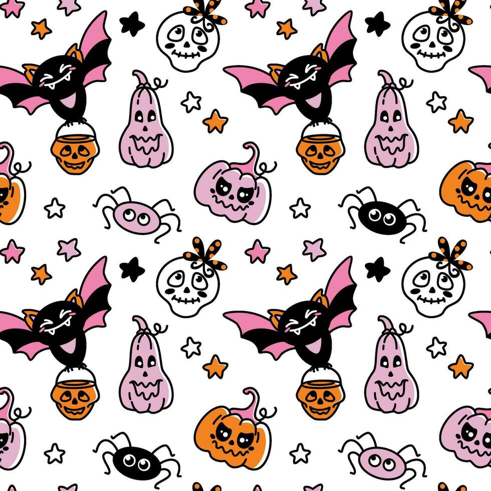 mignonne Halloween personnages. chauve souris, citrouille, crâne, araignée. puéril imprimer. vecteur. vecteur