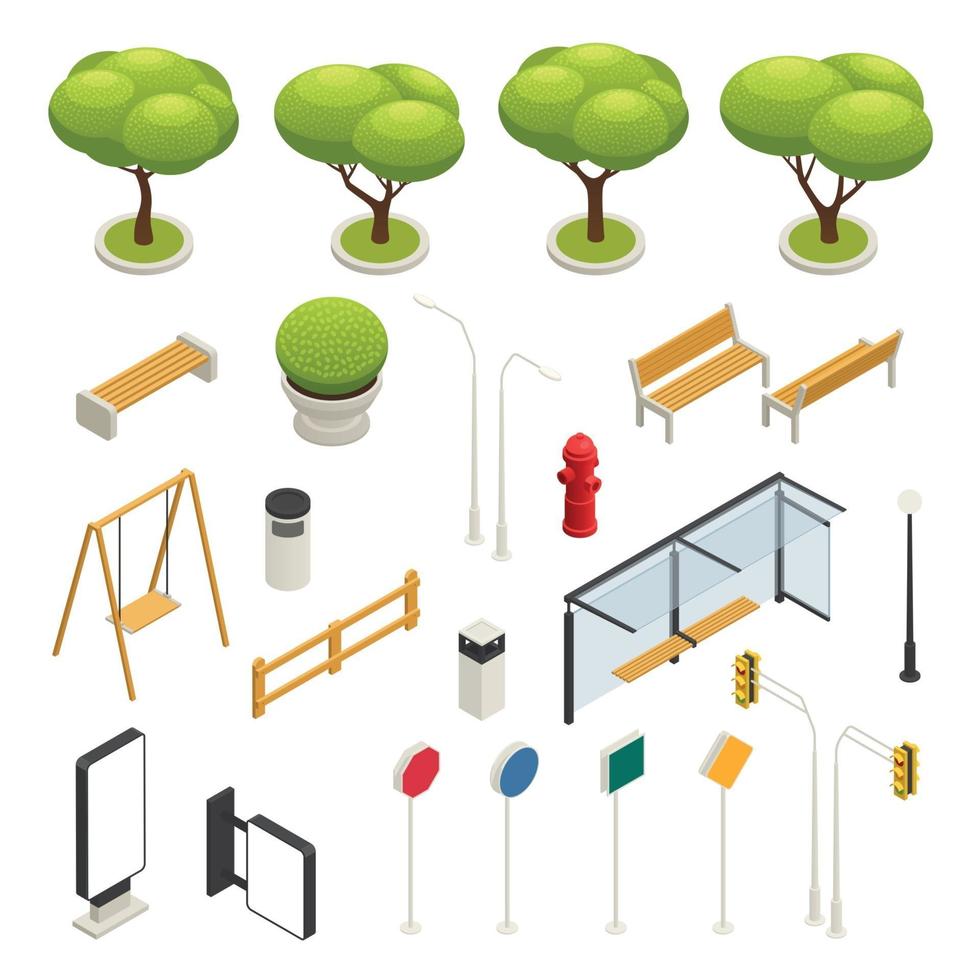 Éléments de la carte de la ville constructeur isométrique icon set vector illustration