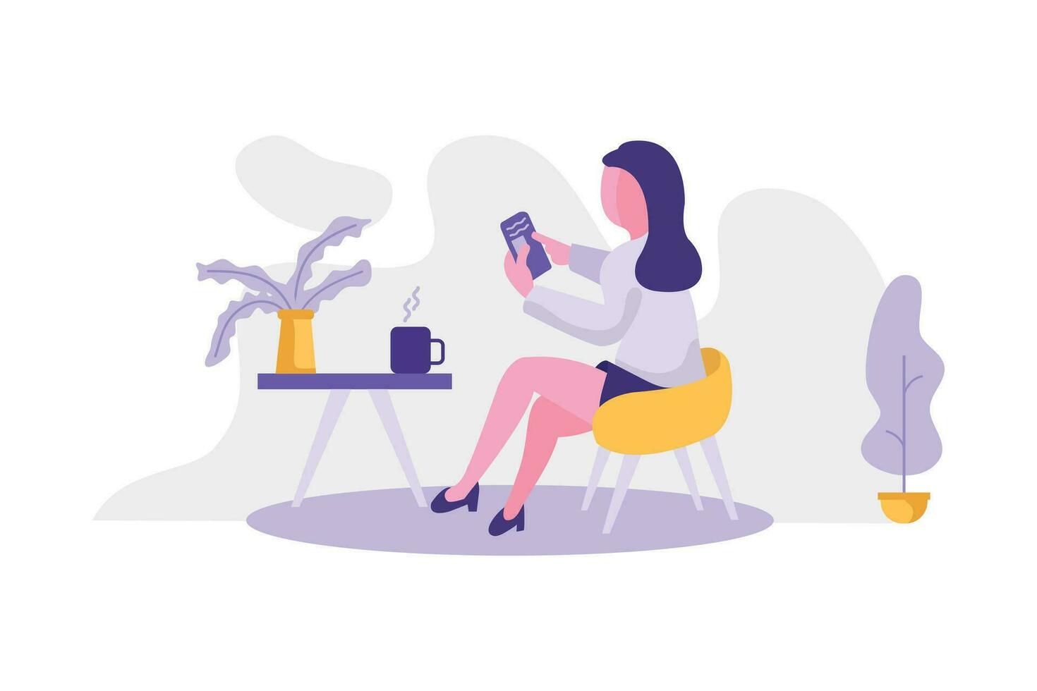 Jeune Bureau travail. une femme a été séance avec une téléphone intelligent. vecteur illustration avec une endroit pour suivant