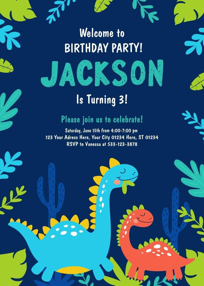 invitation de fête d'anniversaire de dinosaure. vecteur