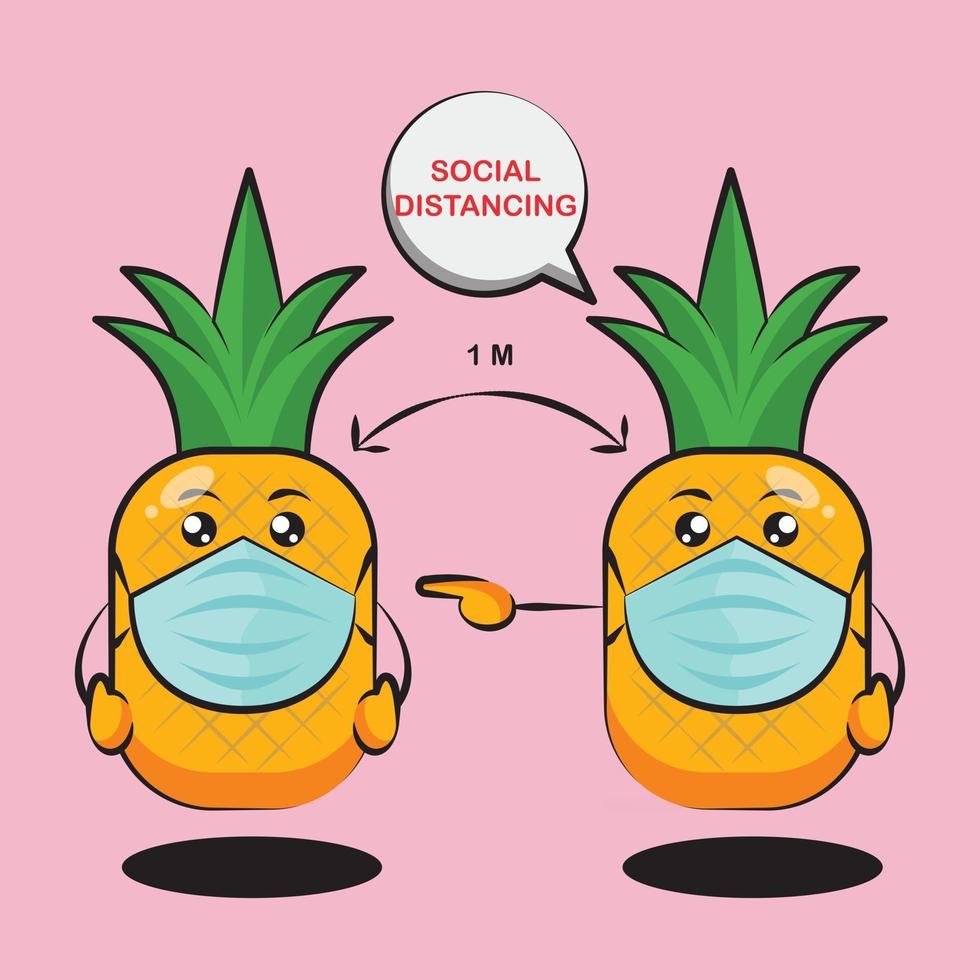 deux dessins animés mignons d'ananas faisant la distanciation sociale vecteur