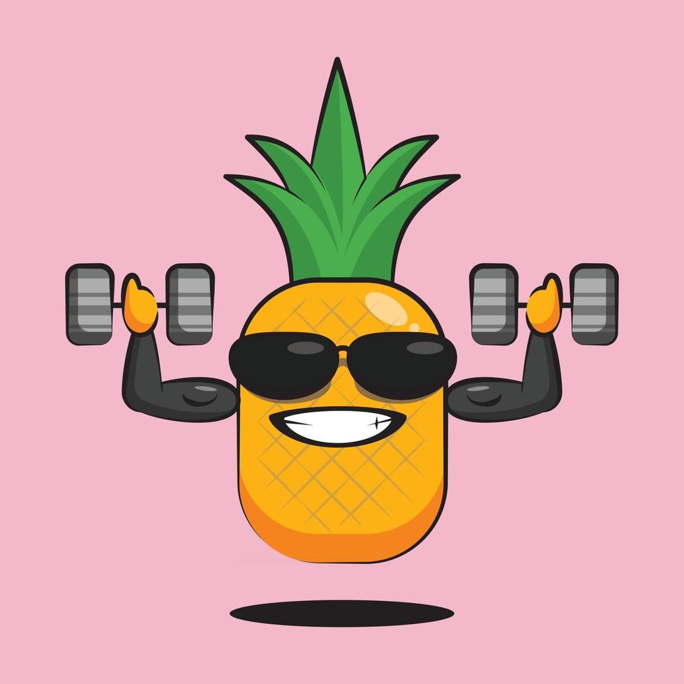 Muscle du corps d'entraînement de dessin animé d'ananas cool avec deux haltères vecteur