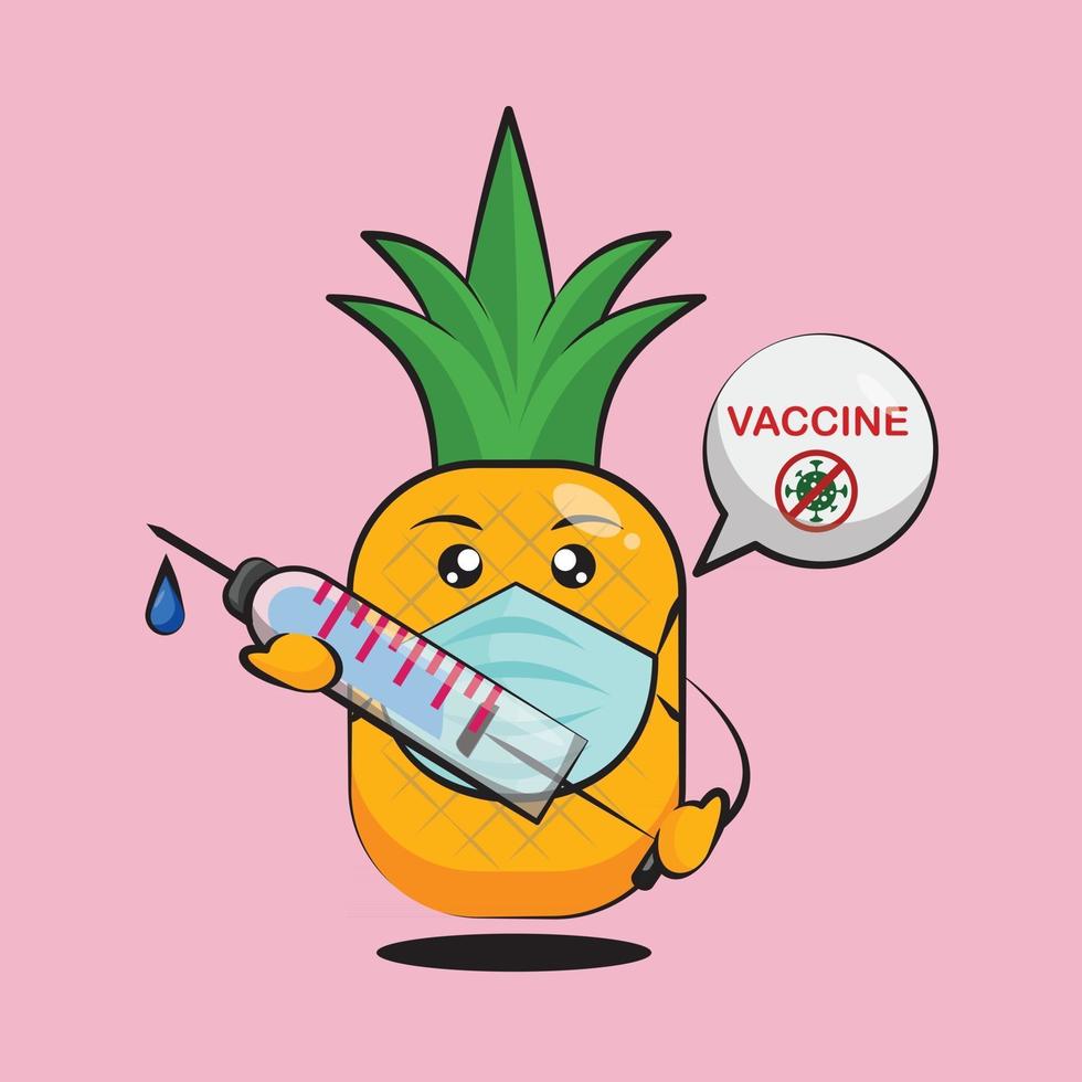 dessin animé mignon d'ananas tenant un vaccin anti-coronavirus vecteur