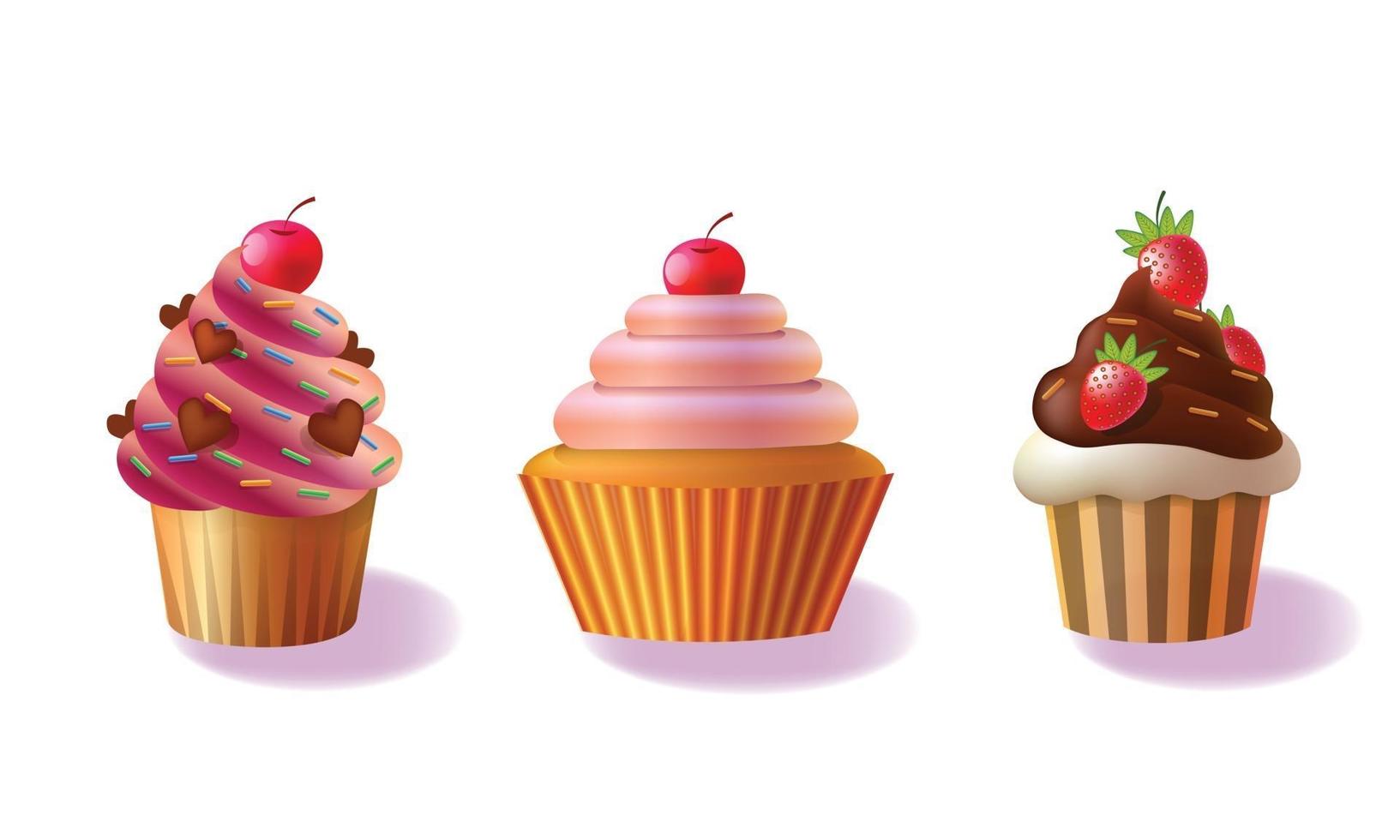 ensemble de vecteurs de cupcakes isolés sur fond blanc, gâteaux décoratifs, illustration de cupcakes décorés vecteur