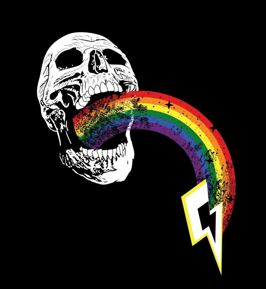 T-shirt conception de une crâne avec une arc en ciel à venir en dehors de le bouche et le symbole de coup de tonnerre. bien illustration pour gay fierté journée vecteur