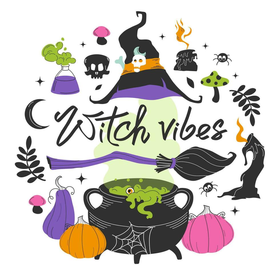 Halloween illustré ensemble de vecteur éléments. sorcière ambiance caractères. articles de le sorcière, chaudron avec potion, citrouilles, bougies, araignée, balai, crâne. éléments de la magie.
