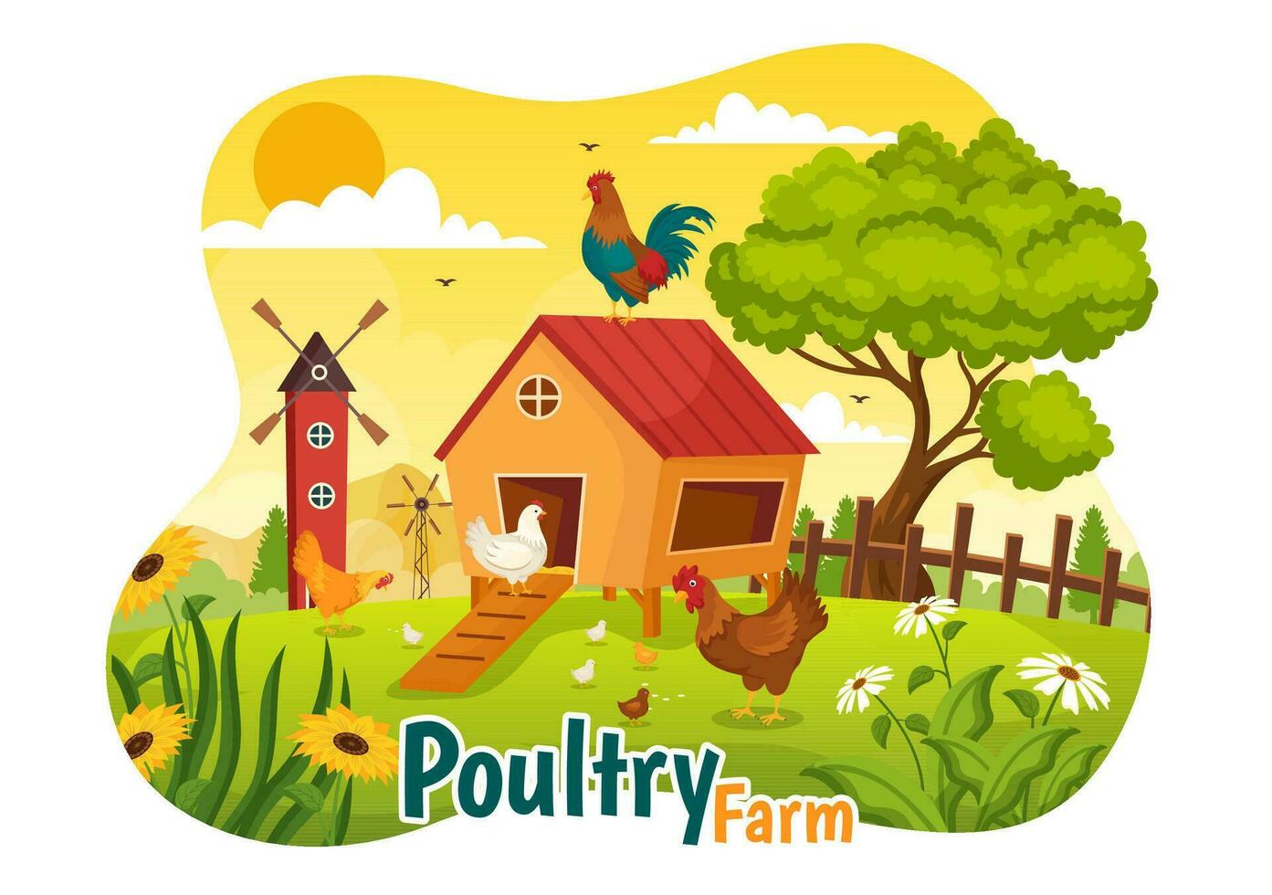 la volaille ferme vecteur illustration avec poulets, coqs, paille, cage et Oeuf sur paysage de vert champ Contexte dans plat dessin animé conception