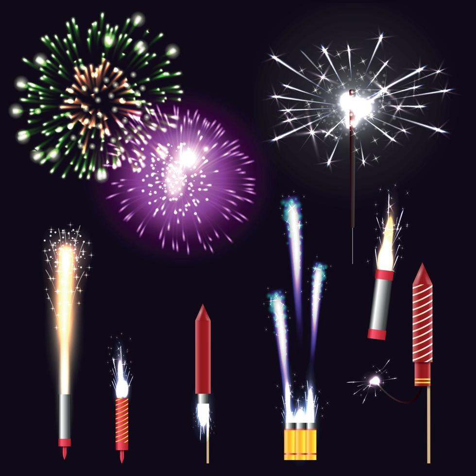 illustration vectorielle de feux d'artifice ensemble réaliste vecteur