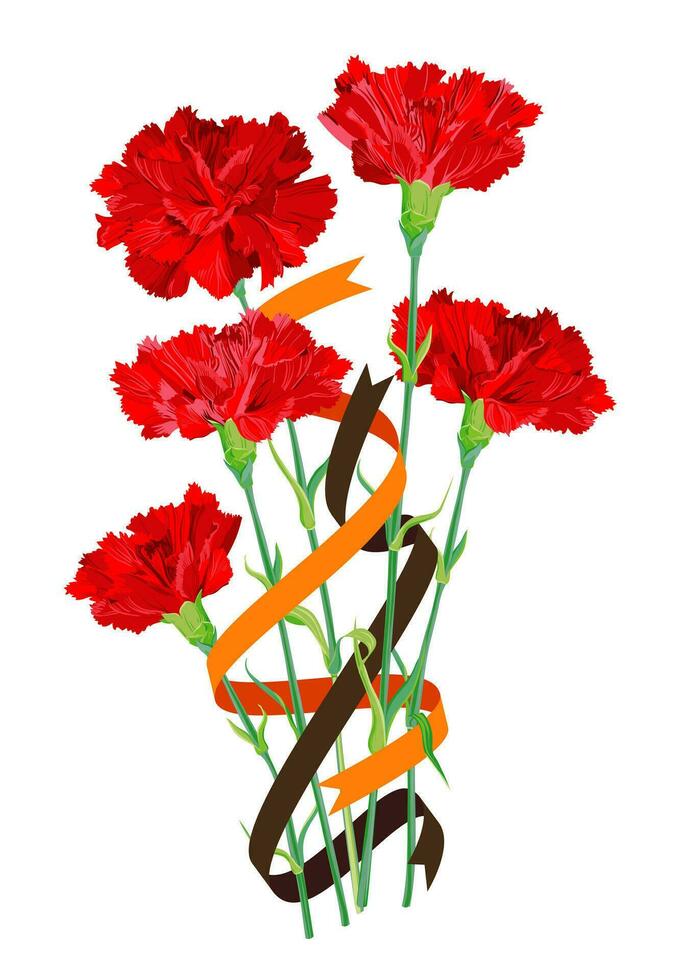 une bouquet de rouge oeillets tissé dans rubans. la victoire journée salutation carte. vecteur illustration. Reconnaissance pour le génial exploit. éternel Mémoire et respect.