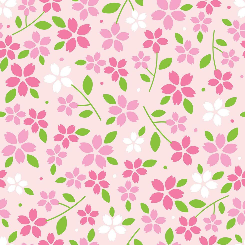 mignonne griffonnage rose Sakura fleur Japon fleur élément avec feuilles floral idiot feuille à pois point confettis. abstrait biologique forme main tiré main dessin dessin animé. Couleur sans couture modèle rose Contexte. vecteur