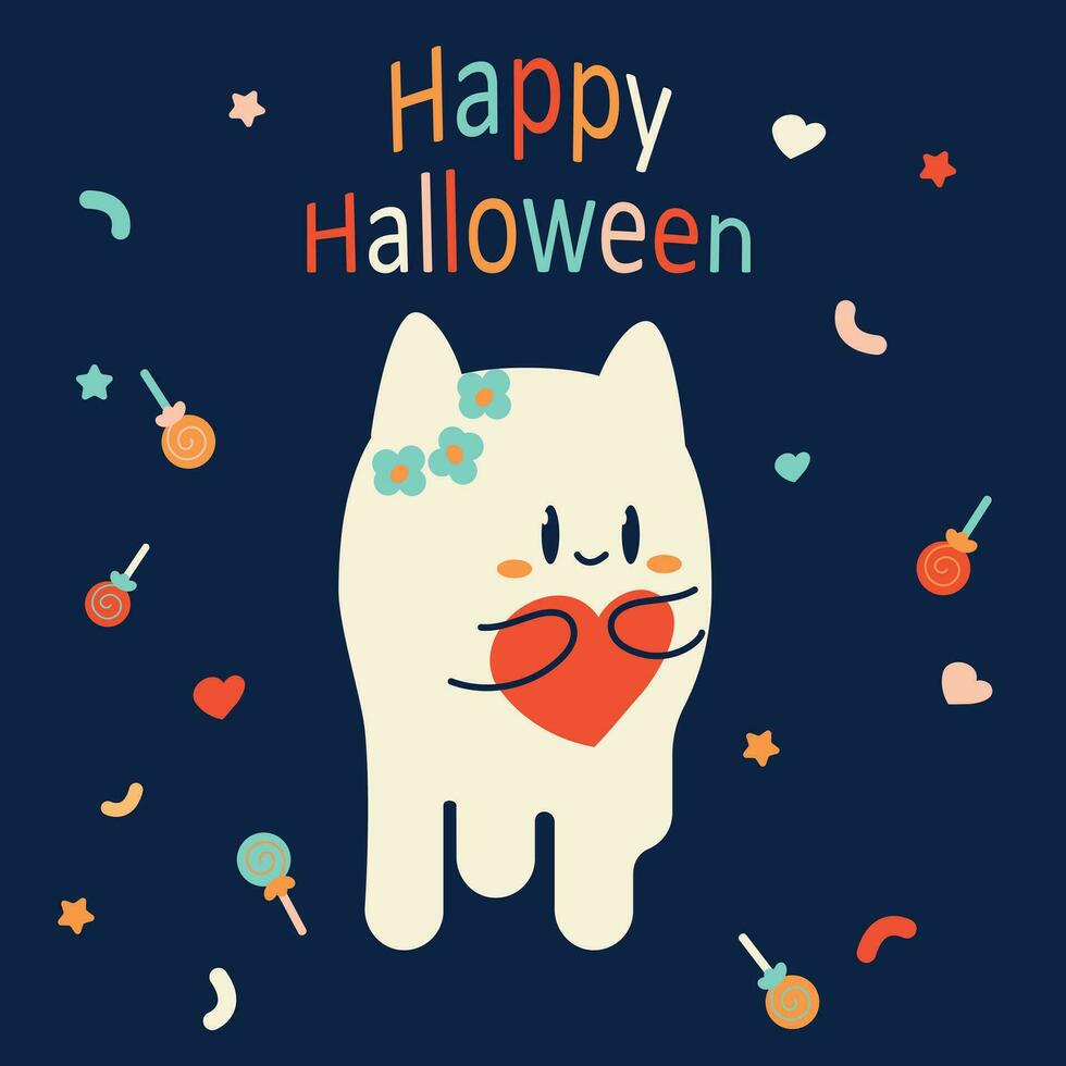 Halloween salutation carte avec mignonne fantôme chat. vecteur Halloween éléments